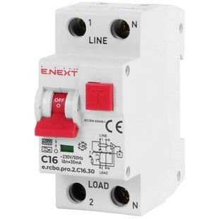 Enext e.rcbo.pro.2.C16.30, 1P+N, 16А, С, тип А, 30 Вимикач диференціального струму із захистом від надструмів 99-00021472 фото